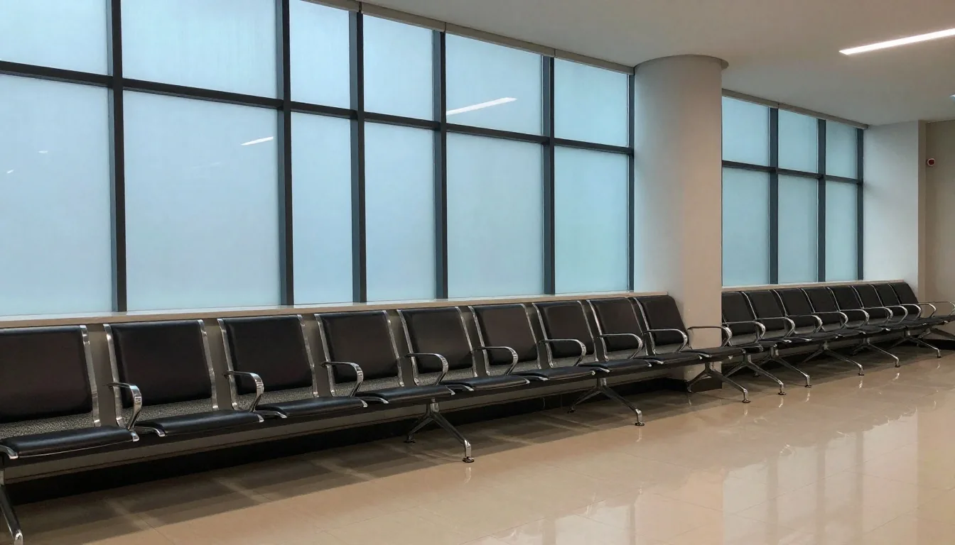 Salón de espera consular con luz lateral fría