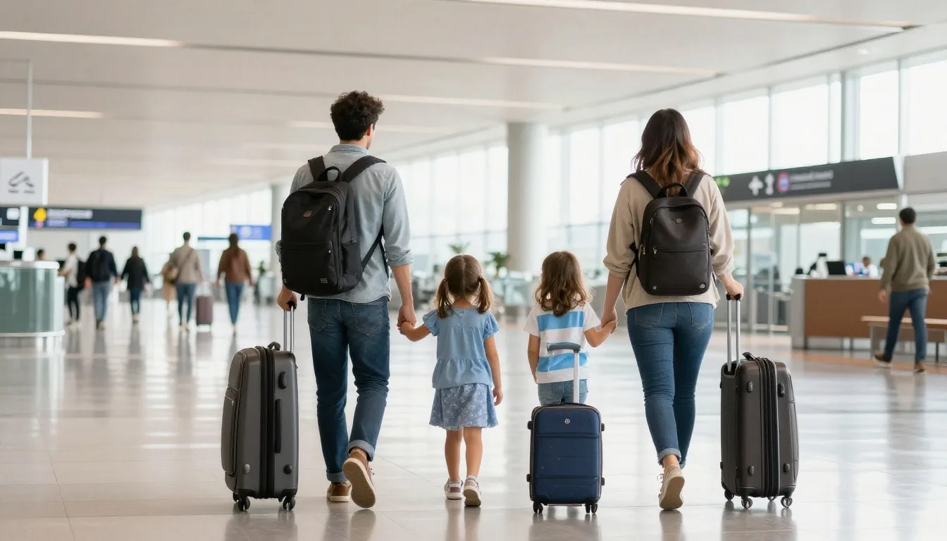 Familia argentina en el aeropuerto antes de viajar
