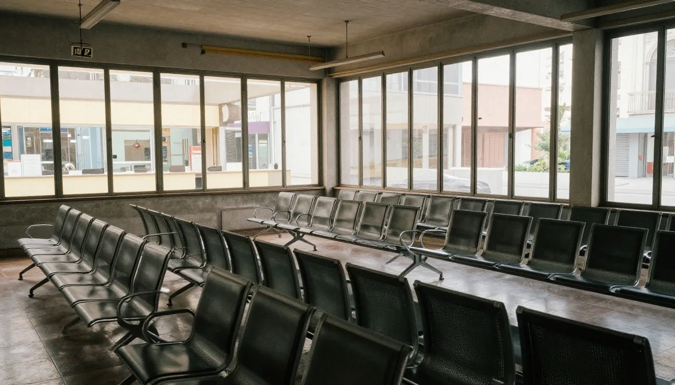 Sala de espera consular con ventanilla iluminada