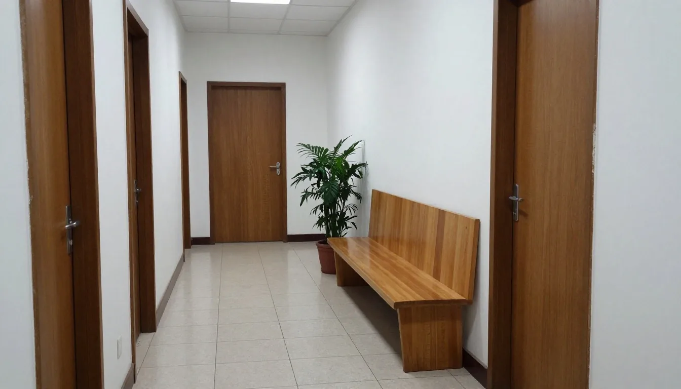 Sala de espera consular con luz lateral fría
