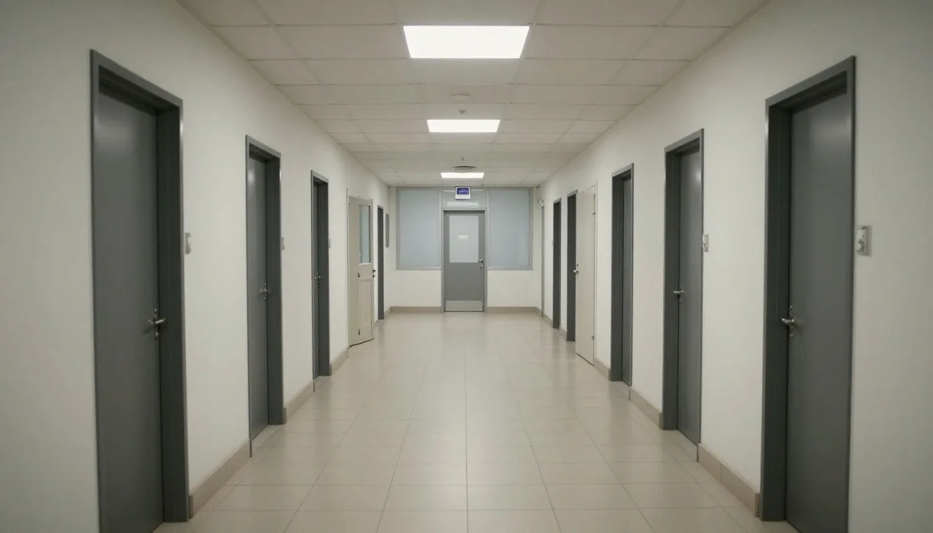 Sala de espera consular con luz lateral fría