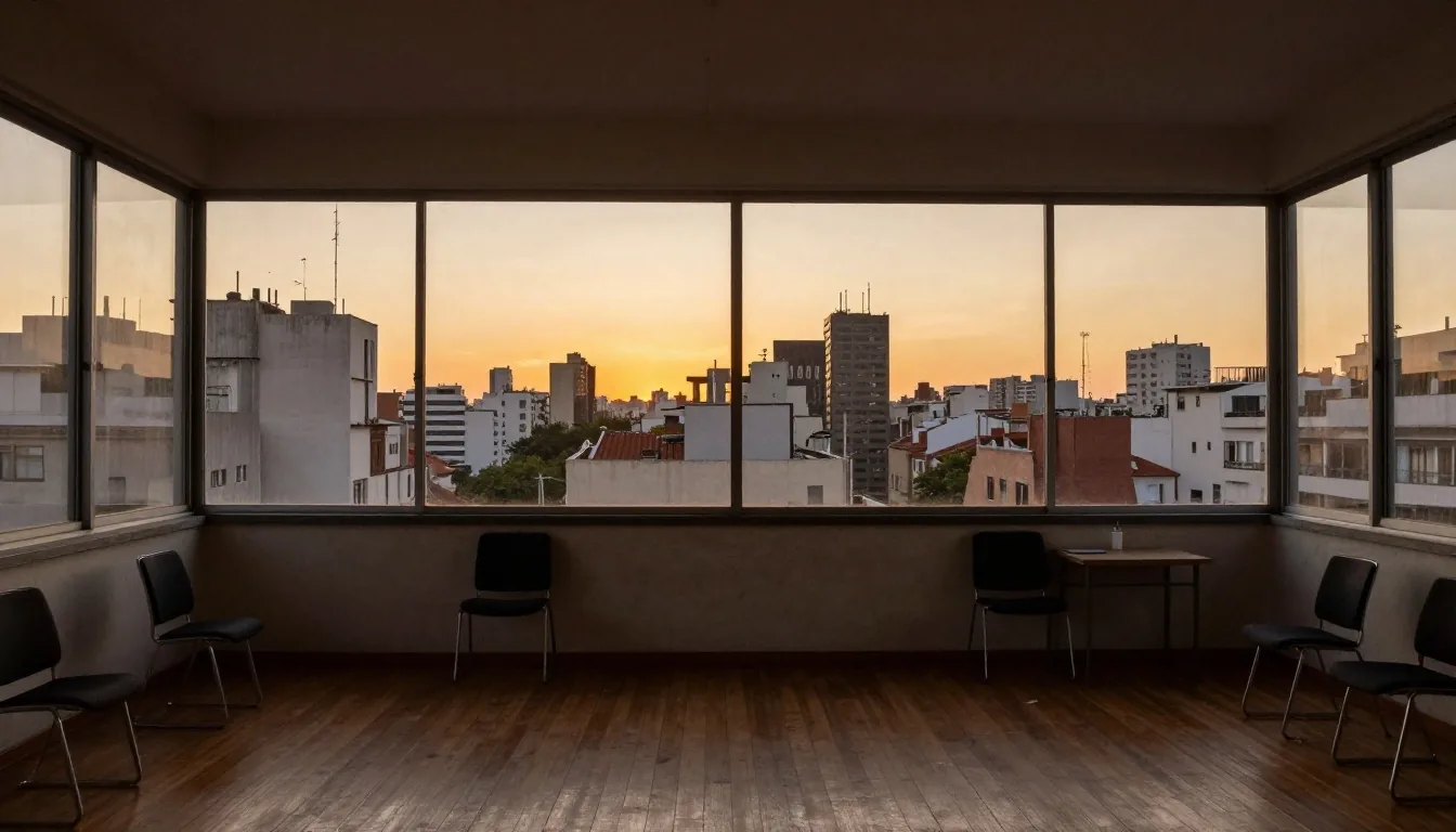 Atardecer en Buenos Aires visto desde una oficina con carpetas