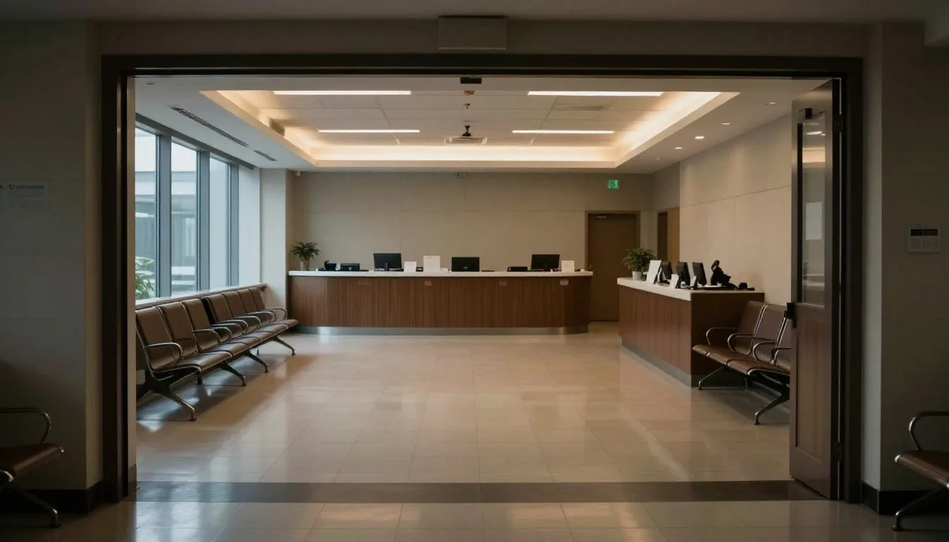 Salón de espera consular con luz lateral fría