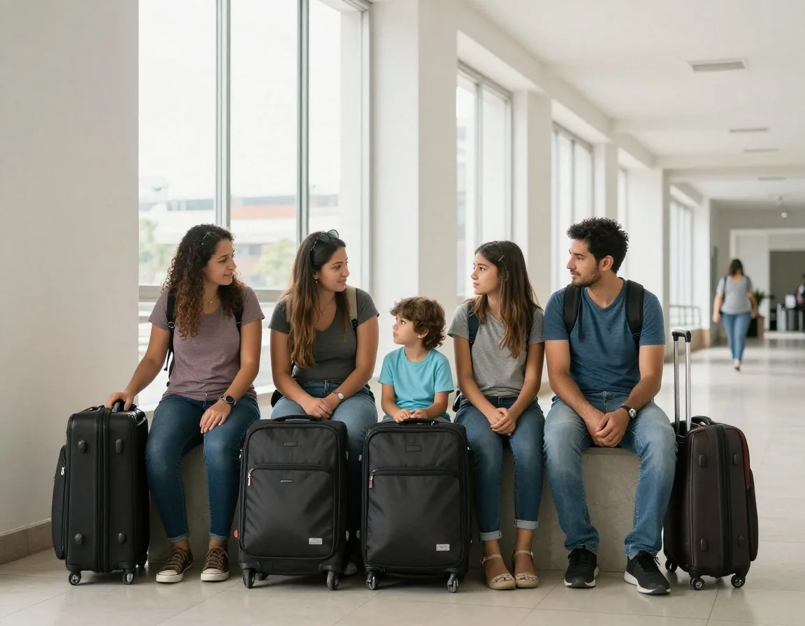 Familia argentina esperando con equipaje en pasillo consular