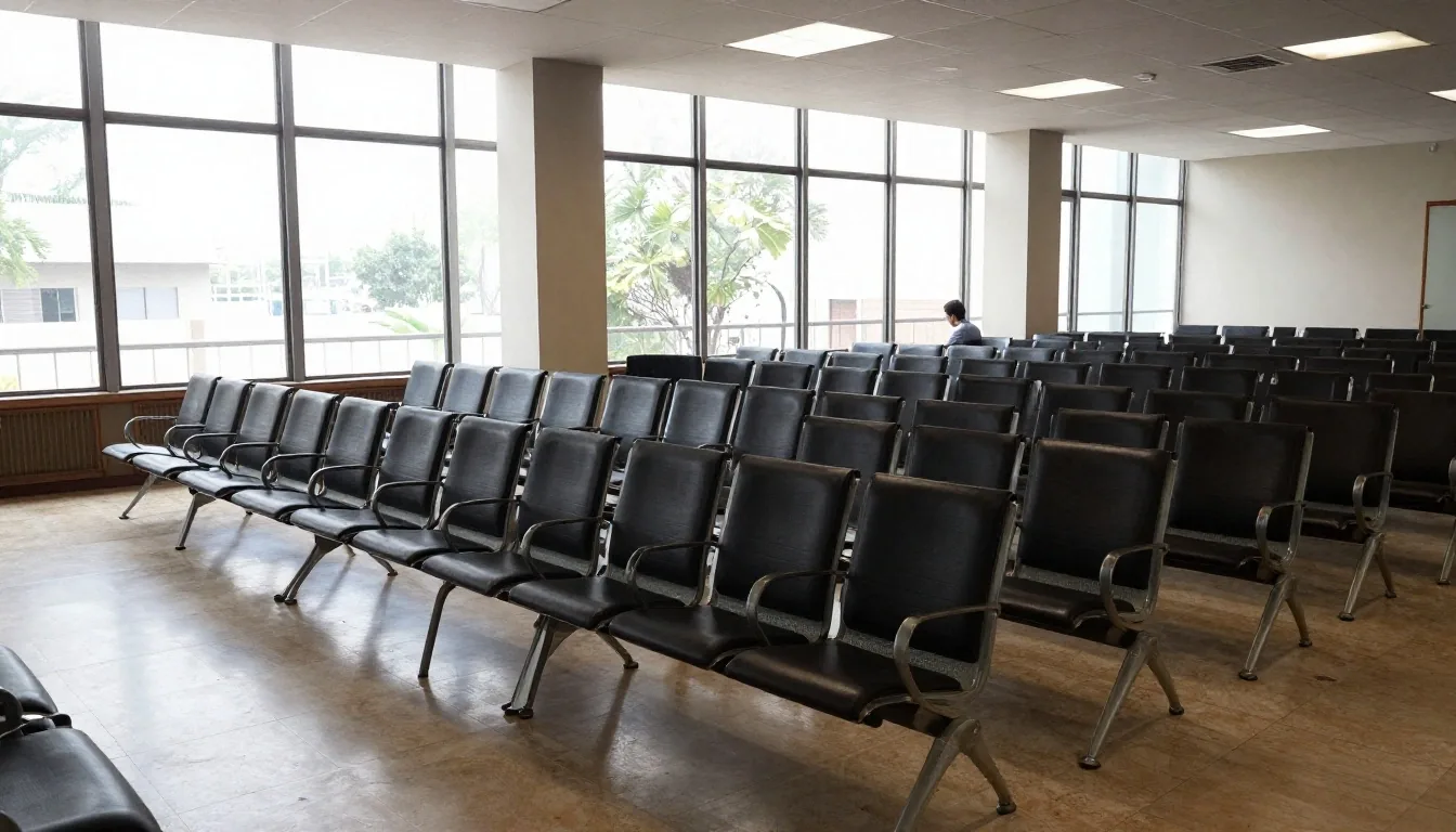 Sala de espera consular con luz lateral fría y bandejas de atención