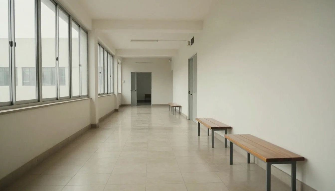 Salón de espera consular con luz lateral fría