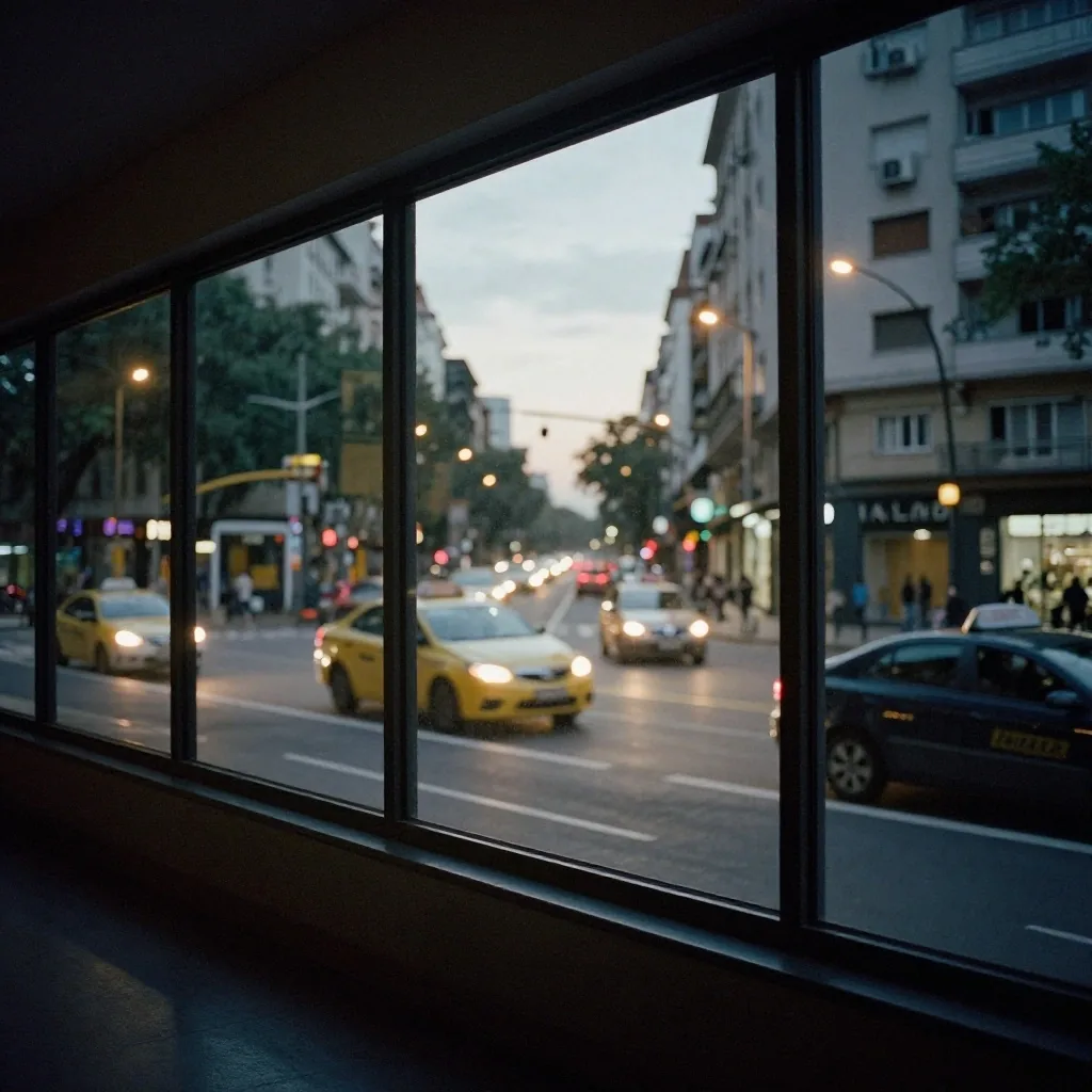 Avenida de Buenos Aires al atardecer vista desde un ventanal