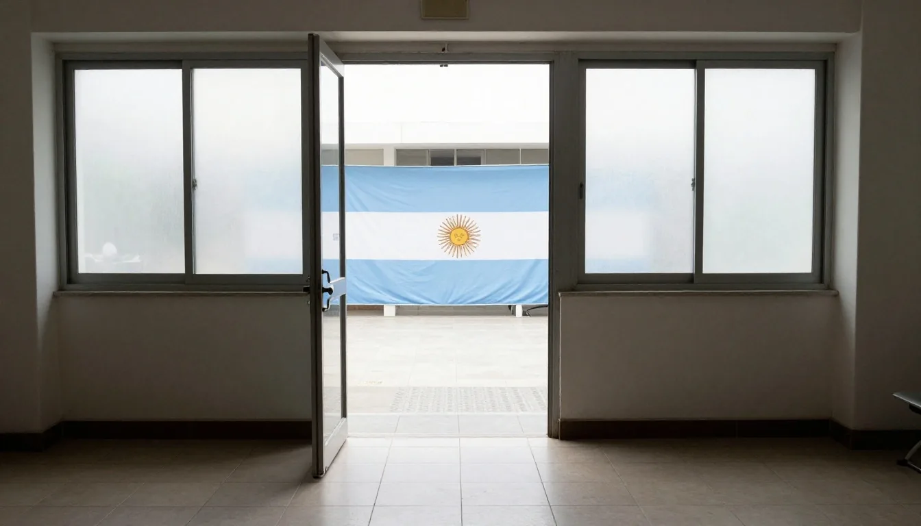 Fila de sillas vacías frente a una ventanilla de atención consular