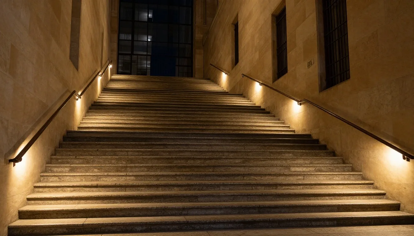Pasillo consular de noche con carpetas ordenadas sobre una mesa lateral