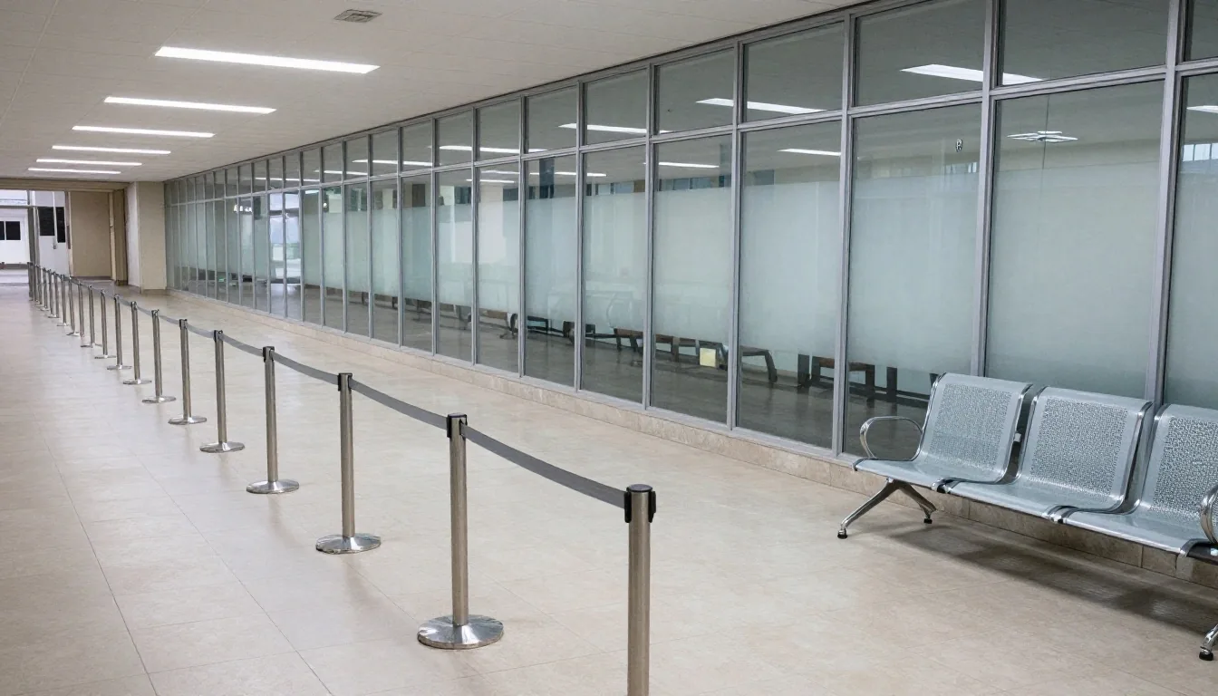 Salón de espera consular con luz lateral fría y ventanillas al fondo