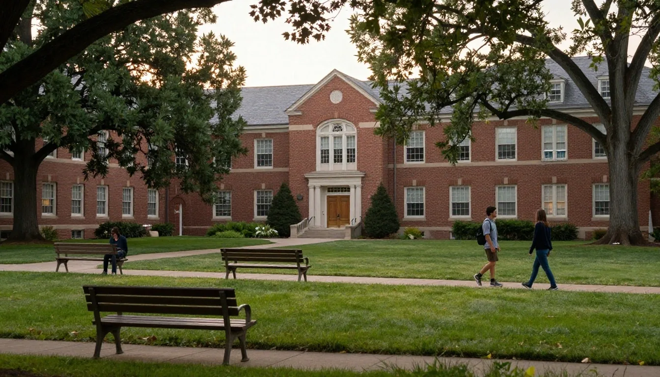 Campus universitario en Estados Unidos con estudiantes caminando