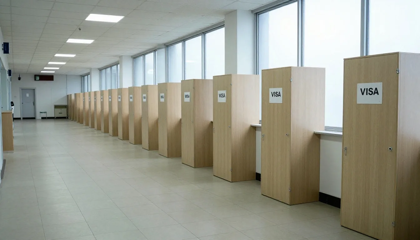 Salón de espera consular con luz lateral fría